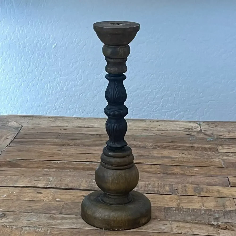 Antique Candle Holder Hand Carved Cast Iron and Wood 12.8